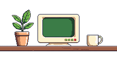 A pixel-art computer, plant and coffee on a wooden shelf